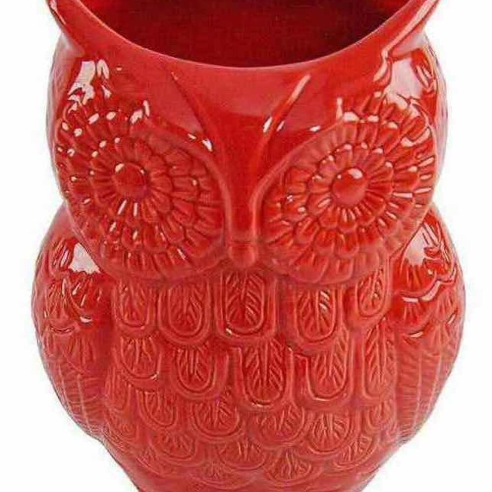 Owl Utensil Holder Decorative Ceramic Cookware & Organizer - Red